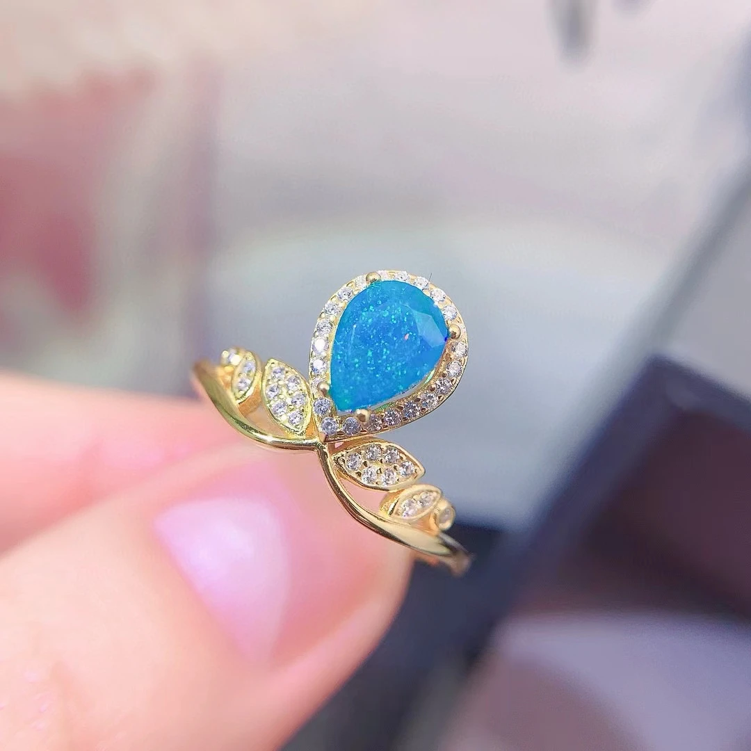 Vintage Blue Opal Ring 5mm*7mm 0.5ct Natural  Dyed Opal Crown Ring 925 Silver Jewelry with 3 Layers 18K Gold Plated Keep Shining