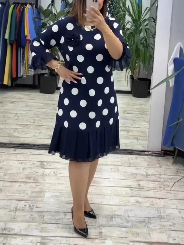 

Fashion O-neck Polka Dot Printed Dress Elegant Lady Half Sleeve Slim Party Dress Summer New High Waist Pleated Commuting Dresses
