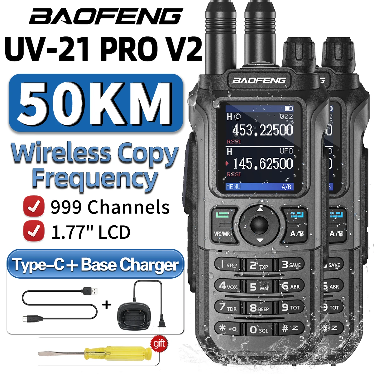 

2Pcs Baofeng UV-21 Pro V2 Wireless Copy Frequency Walkie Talkie 999CH Tri-Band Waterproof Ham Radio16 KM Long Range Type-C UV 5R