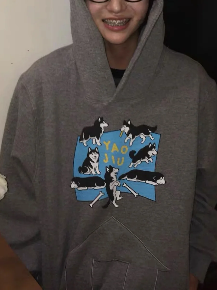 Sudadera con capucha con estampado Retro American Fun Dog Park para mujer, suéter con orejas, nueva tendencia, corte holgado, largo, Otoño e Invierno