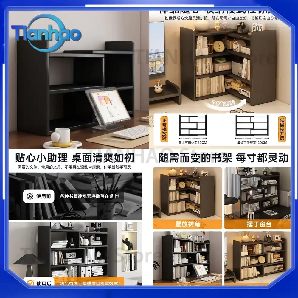 Wooden Desktop Bookshelf Storage Rack for Home Office Window Seat Study Desk Multi-Tier Bookcase Corner Shelf