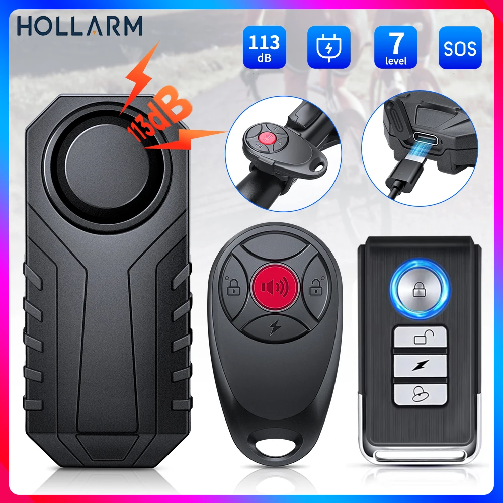 

Hollarm USB-C Charge Bicycle Alarm 113dB Anti Theft Motorcycle Alarm Waterproof Wireless Remote Control Bike Finder