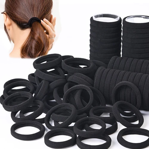 50/100 Uds. Bandas negras para el cabello para mujeres y niñas, banda de goma elástica alta, lazos para el cabello, coleteros, accesorios