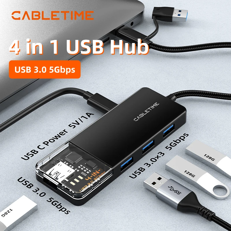 

CABLETIME 4 IN 1 USB A Hub USB 3.0 5Gbps Fast Transmission Speed Transparent Shell for Laptop DELL Lenovo