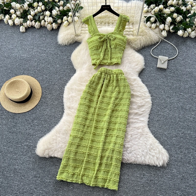 

Summer Two-Piece Women's Bow Tie Square Neck Suspender Flying Sleeves Top+high Waisted Hip Hugging Skirt