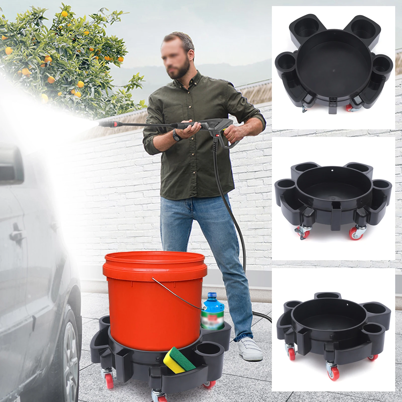 Black Bucket Dolly Wash Professional Bucket Dolly with Wheel Casters Car Wash Dolly with  Five Pulleys Rotate 360 Degrees