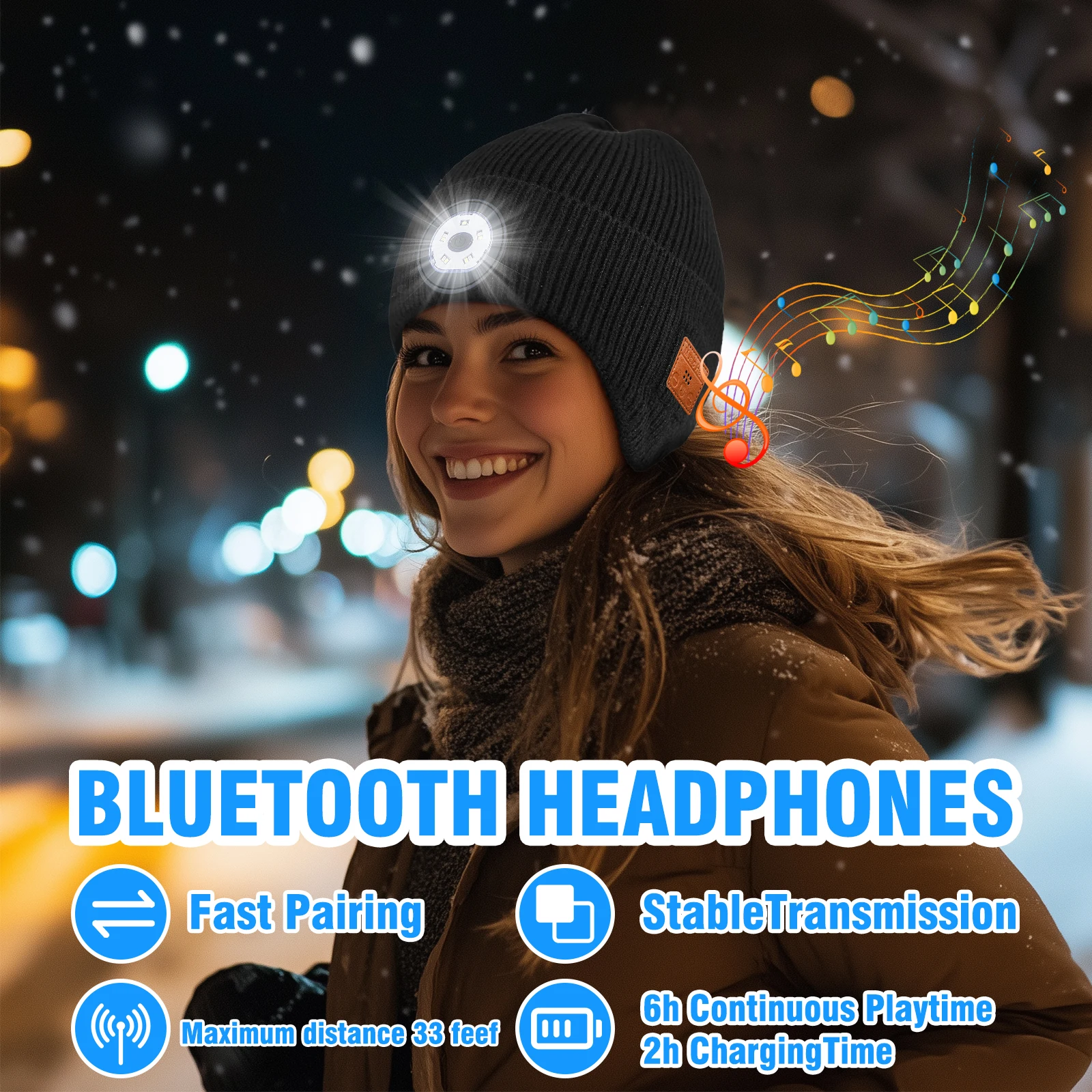 Czapka Bluetooth z oświetleniem, wbudowanym głośnikiem stereo, mikrofonem i 5 diodami LED, idealna na wędkowanie, wędrówki i do pracy, unisex.