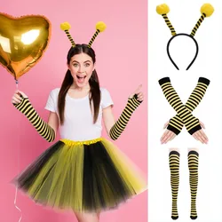 Women Kids Yellow Honey Bee Costume Set Antenna Headband Tutu Skirt Striped Knee Stocking Gloves For Cosplay Dance Stage 4pcs