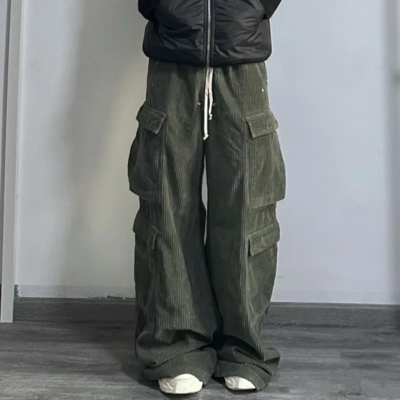 HKSH RO Corduroy Pocket Safari Style Cargo Pants Wide Leg Versatile Vintage High Street Loose Straight Micro Flared Retro HK2124