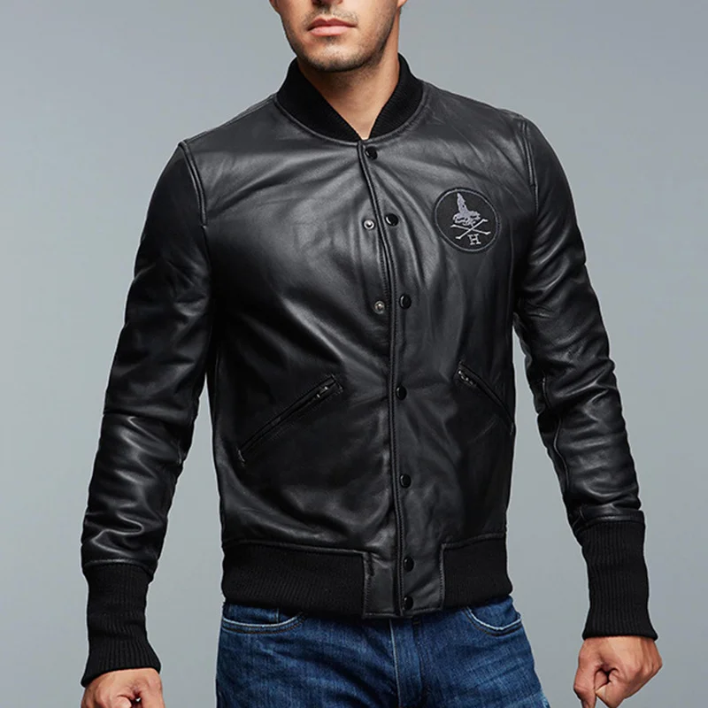 Genuine Leather Aviation Fashion Bomber Jacket Men Casual Black Real Leather Aviator Jacket Sheepskin Motorcycle Streetwear