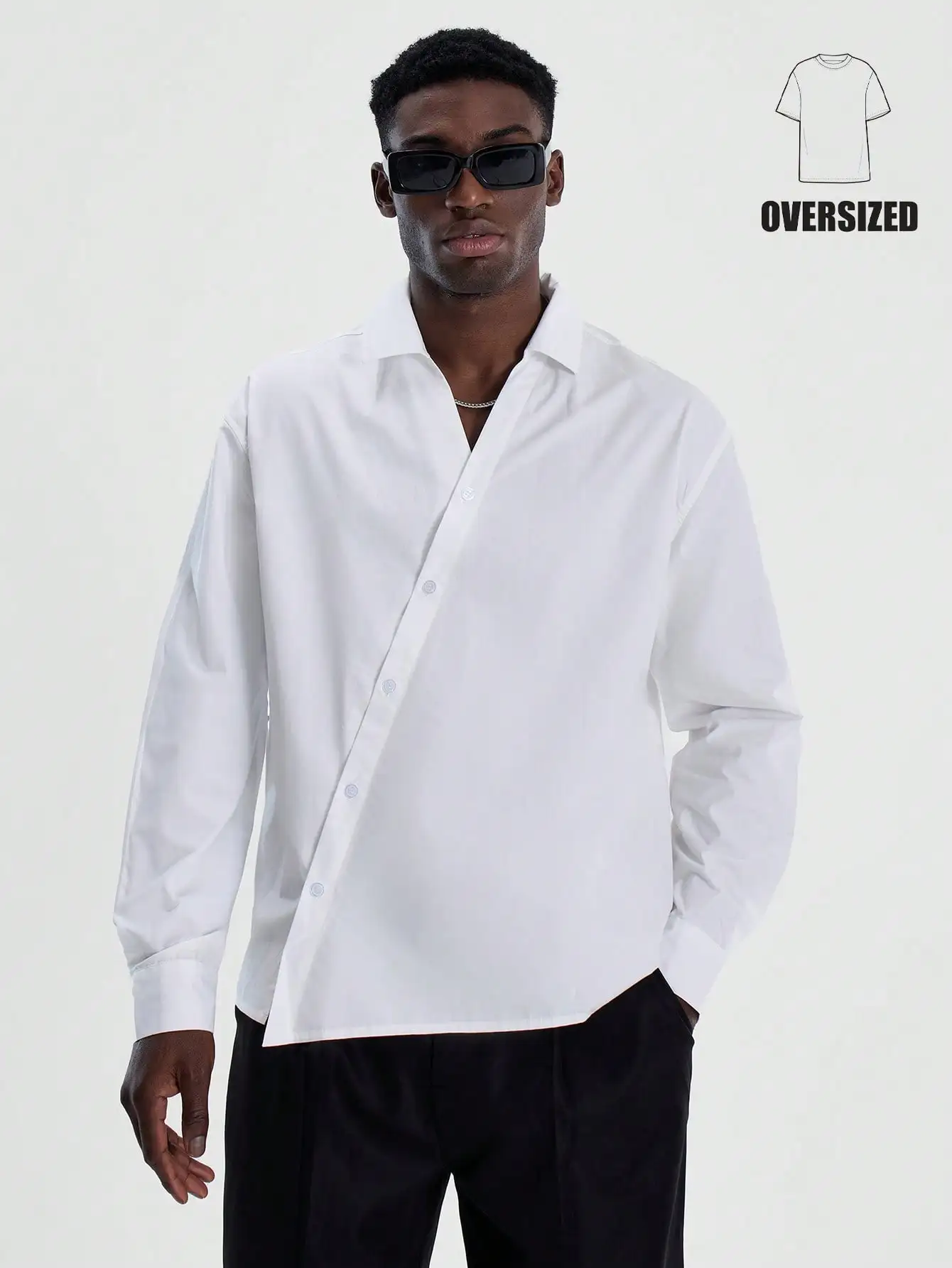 

Men's Asymmetric Oversized Woven Button-Up Long Sleeve Shirt