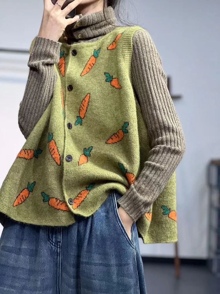 Oversized Autumn Knitted Vest Coat Women Carrot Print Sleeveless Ladies Cropped Vests Fashion Casual Loose Woman Coat 2023