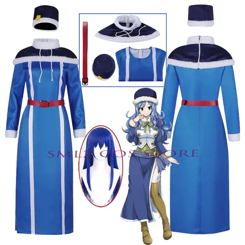 

Juvia Lockser Cosplay Anime Fairy Tail Costume Blue Dress Juvia Uniform Hat Prop Wig Set Halloween Party Outfit for Women
