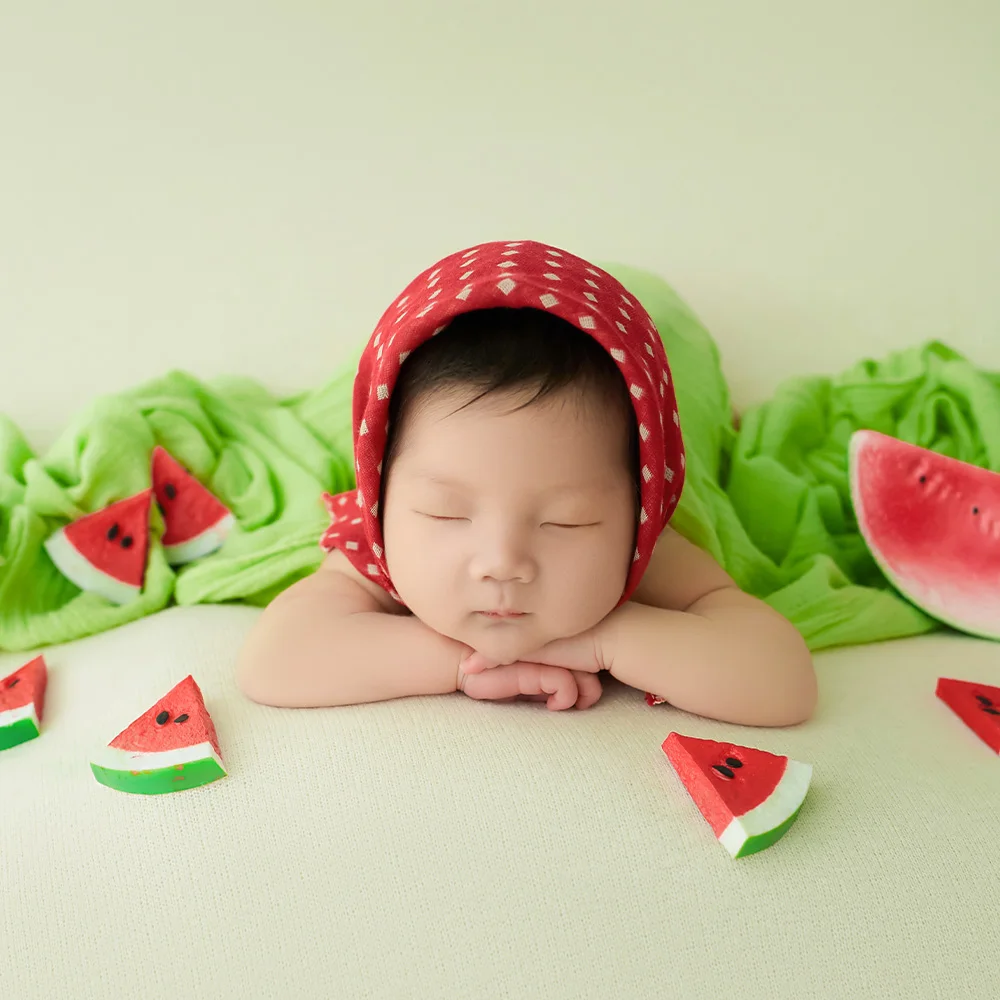 Newborn Girl Photography Outfits Short Sleeve Shorts Hat 3pcs/Set Photo Clothes Studio Summer Watermelon Theme Photoshoot Props