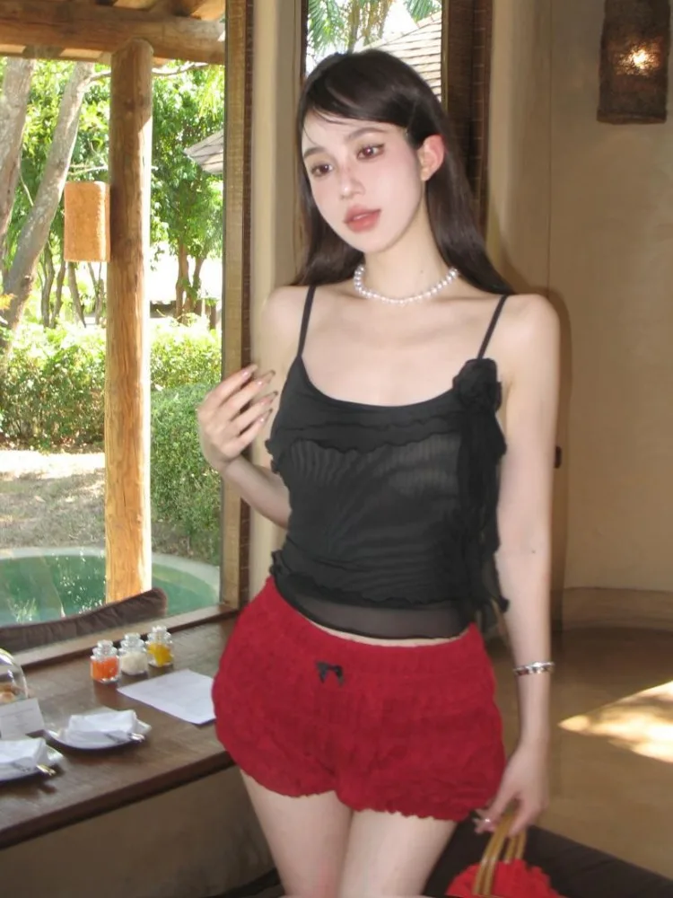 ملابس الشارع المثيرة بدون ظهر عتيقة للنساء Y2k ملابس جمالية مكشكشة صيفية ثلاثية الأبعاد قمصان قصيرة على شكل زهرة خرافية