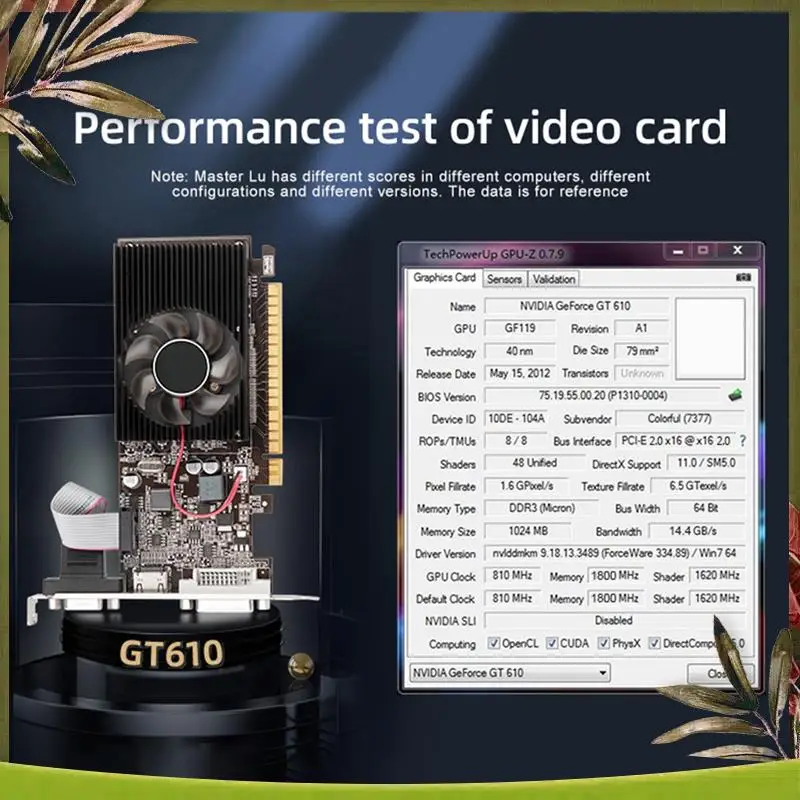New-1 PCS Geforce GT610 1GB DDR3 Graphics Card 64 Bit 40 Nm VGA+HD+DVI Video Card Black