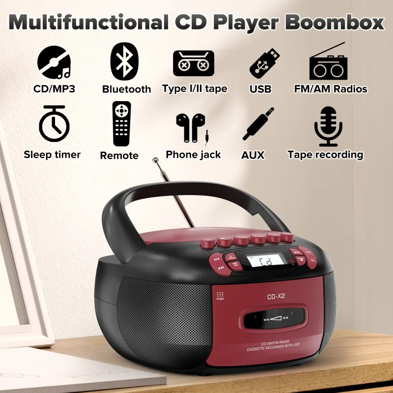 All-in-One CD Boombox, Portable Cassette & CD Player with Bluetooth, Recording, FM Radio & Built-in Speakers for Home & Travel