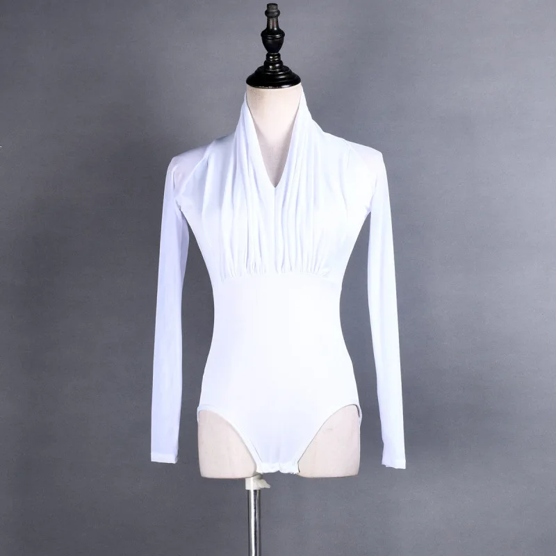 زي الرقص اللاتيني الجديد للبالغين - بذلة نسائية برقبة على شكل حرف V وأكمام شبكية، وصدر مكشكش، وملابس أداء