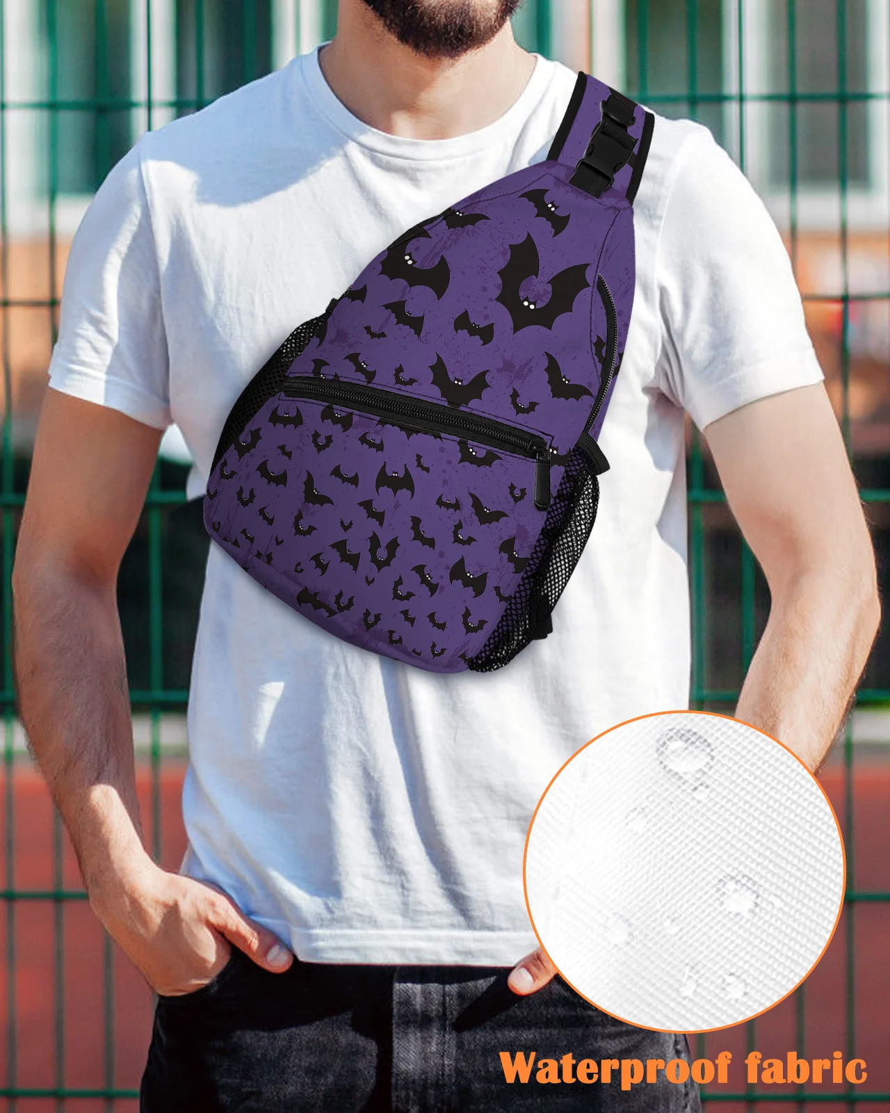 Halloween Theme Bat Purple Chest Bag for Men Casual Sports Shoulder Bag Women's Travel Waterproof Messenger Bag