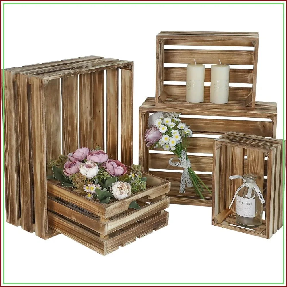 

Set of 5 Large Wooden Crates with Handles, Rustic Farmhouse Storage Boxes for Display and Decoration
