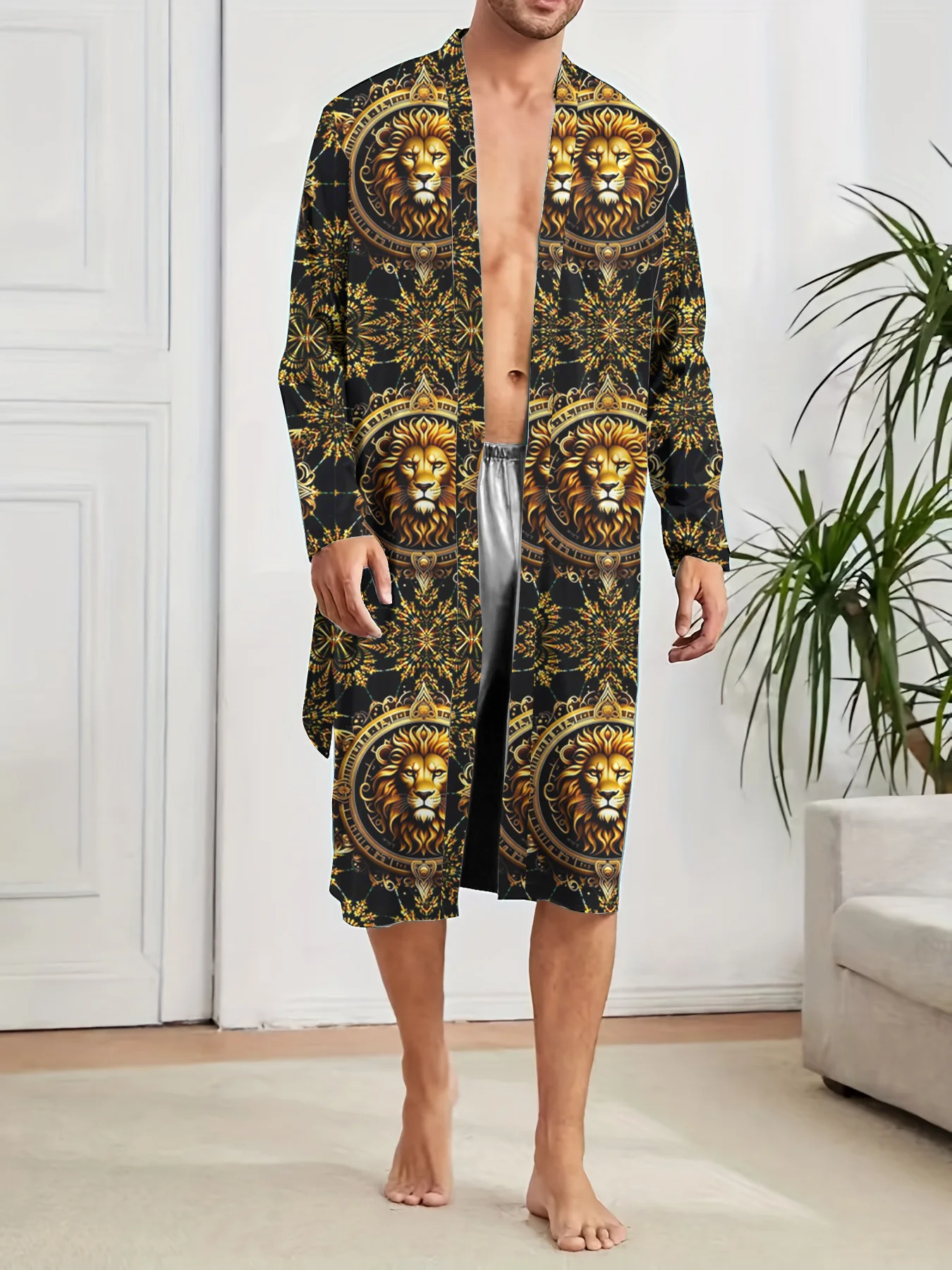 Bata de Baño para Hombre con Estampado de León Impreso en 3D, Bata de Ducha Informal para Primavera y Otoño, Pijama Divertido de Secado Rápido para Hombre