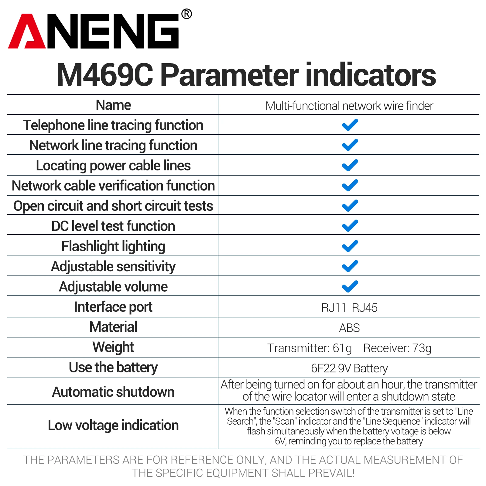 ANENG M469C Multifunctional Network Cable Finder RJ45 RJ11 Tester Telephone Power Cable Tracer Open Short Circuit Test Tool view 6