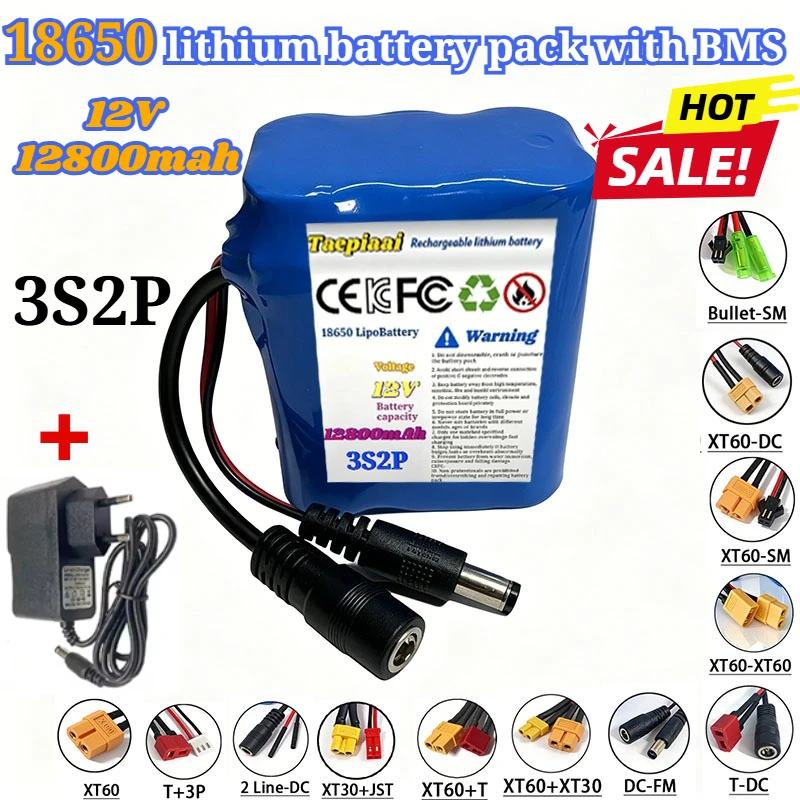 Brand New 3S2P 12V 12800mAh 18650 Lithium Battery with BMS+ Charger, Monitor, Outdoor Speaker, LED, Small Motor, Toy Car, AGV