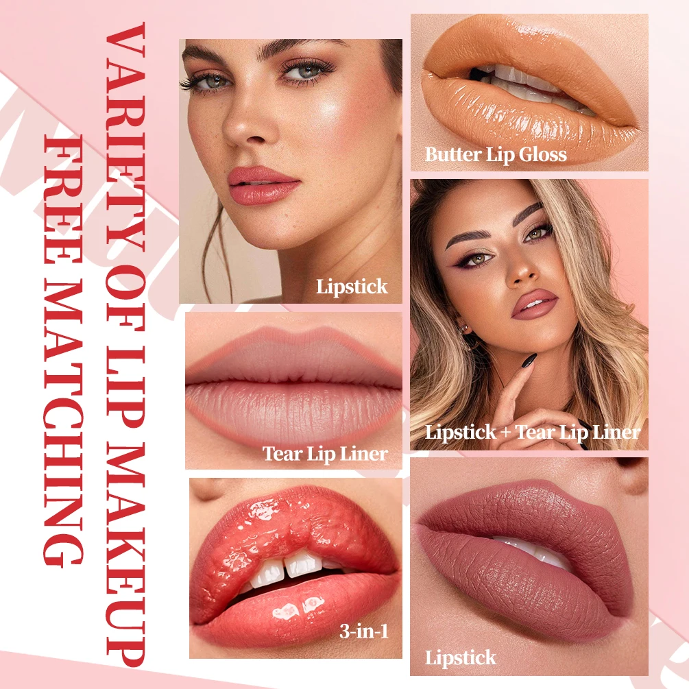 Qibest bordado casca & rasgo brilho labial + delineador labial fosco + nutritivo e hidratante manteiga brilho labial 3 peças conjunto