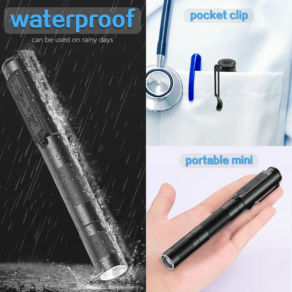 Linterna LED recargable por USB, luz con Zoom, linterna pequeña impermeable, linterna de emergencia de bolsillo con Clip para bolígrafo