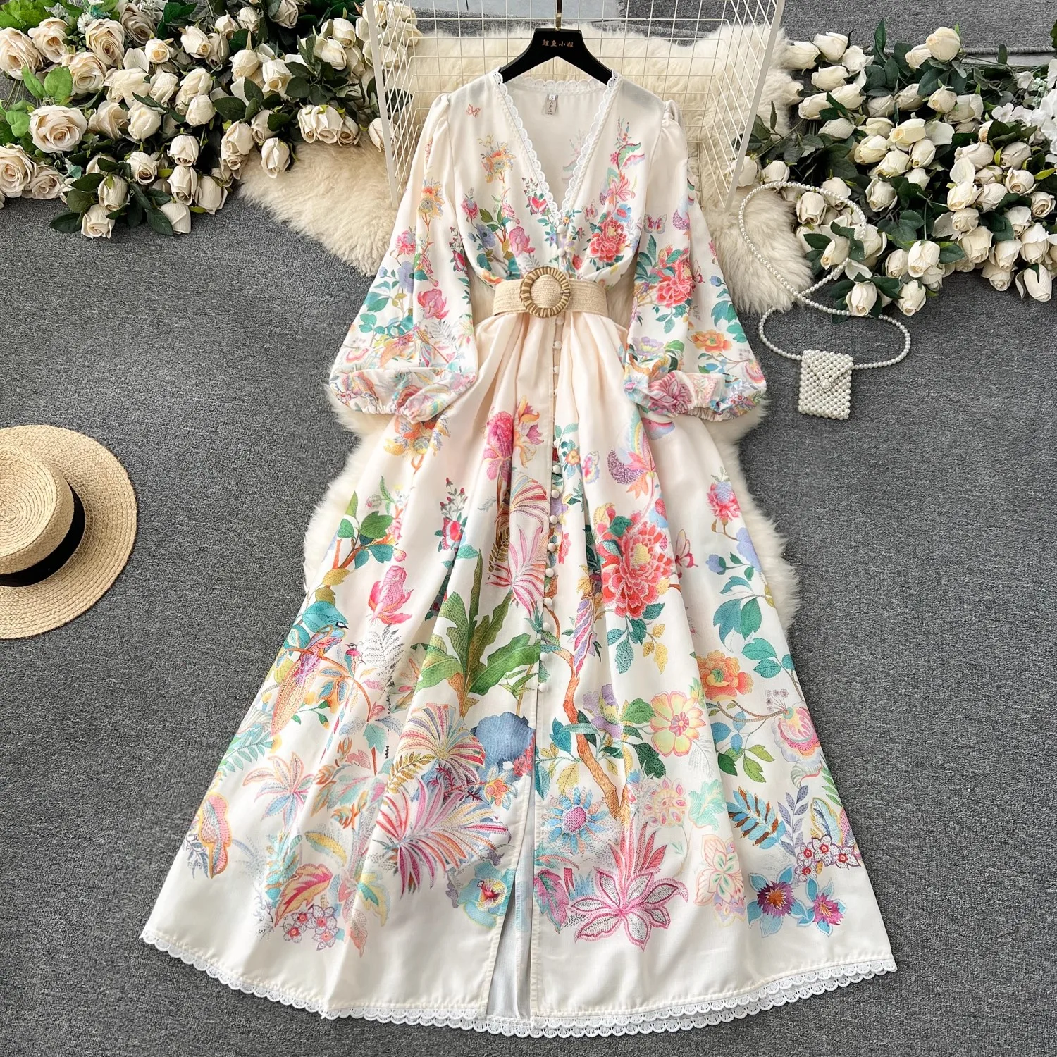 

Holiday style Floral Print Dress Women Spring Summer V Neck Lantern Sleeve Lace Long Dress With Belt Party Vestidos