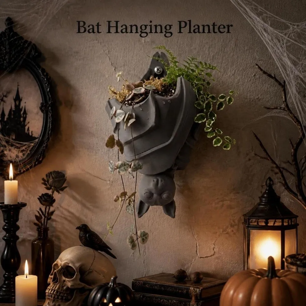 3D Printed Bat Hanging Planter Halloween Creative Bat Wing Flowerpot Funny Gothic Style Flower Container Home Decoration