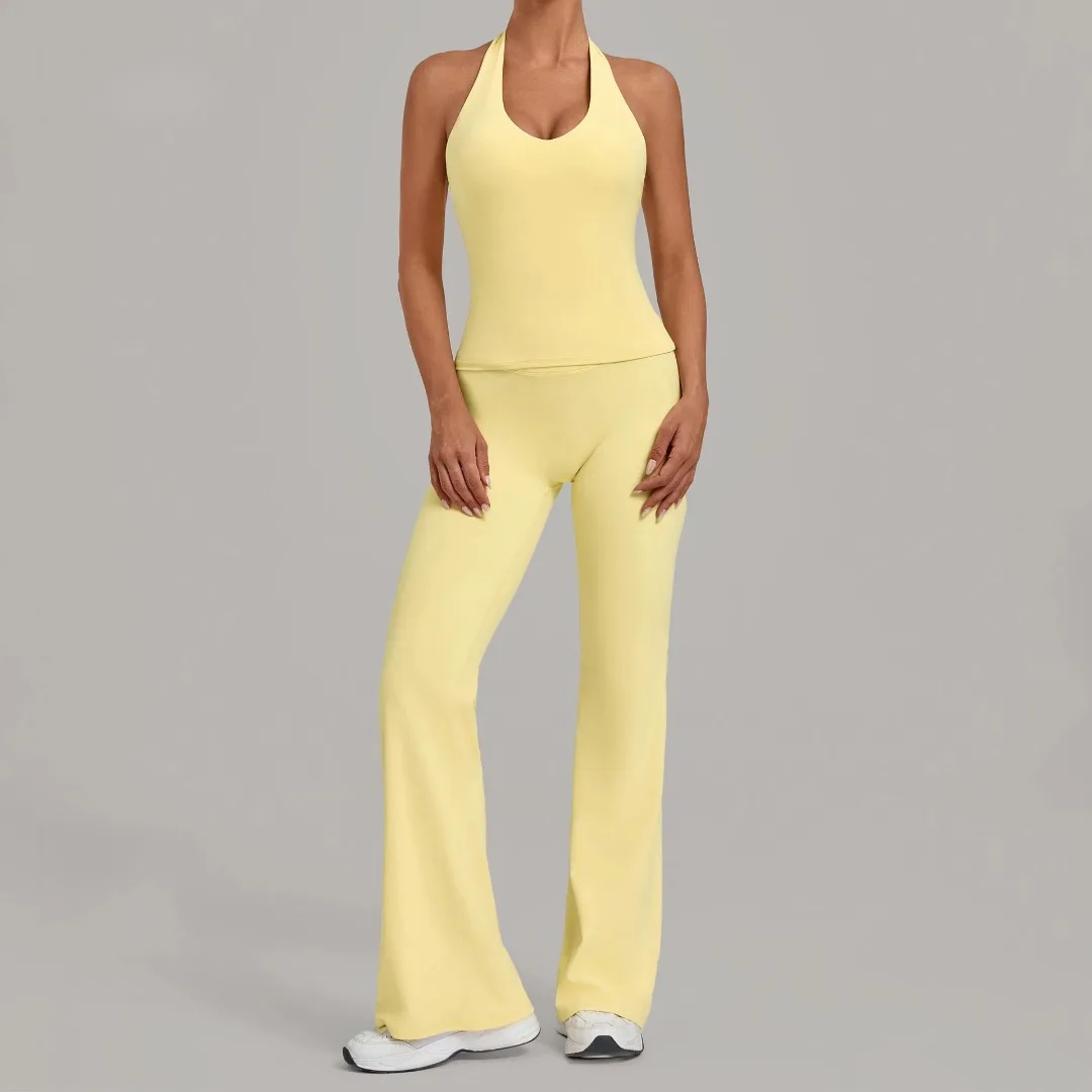 New Women's Yoga Set High Waist Hip Lifting Tight Backless Neck Hanging Vest Flared Pants Fitness Running Workout Gym Yoga Set