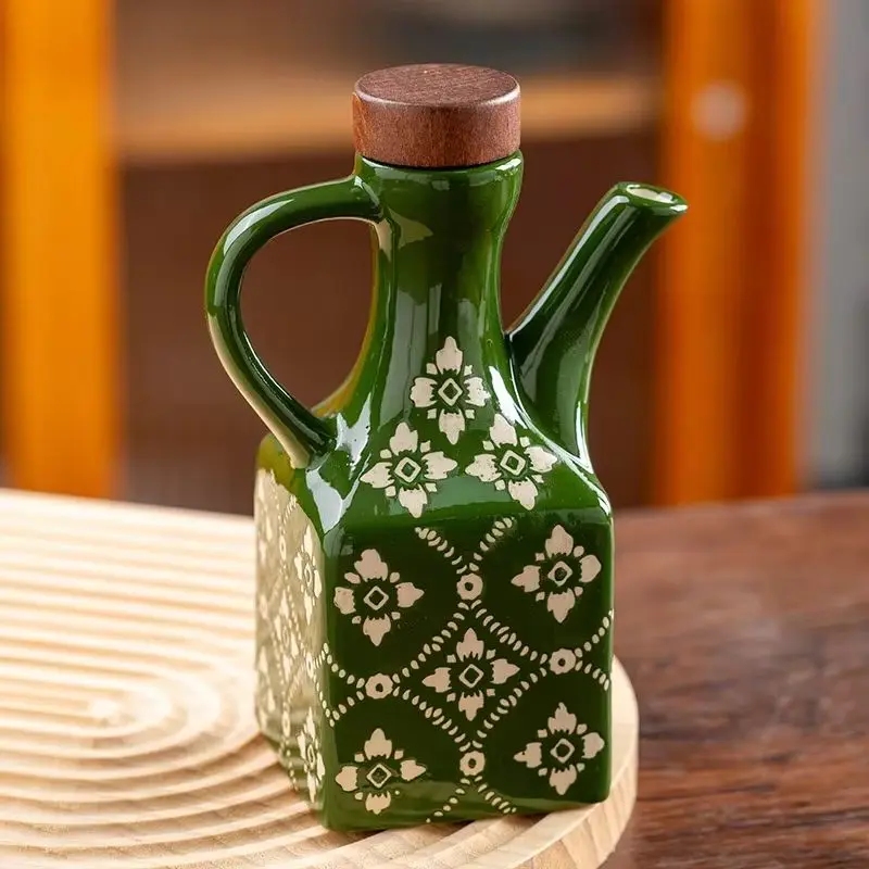 250ml Vintage Ceramic Oil Dispenser Bottle with Wooden Lid, Square Floral Soy Sauce Vinegar Cruet for Kitchen Table Decor