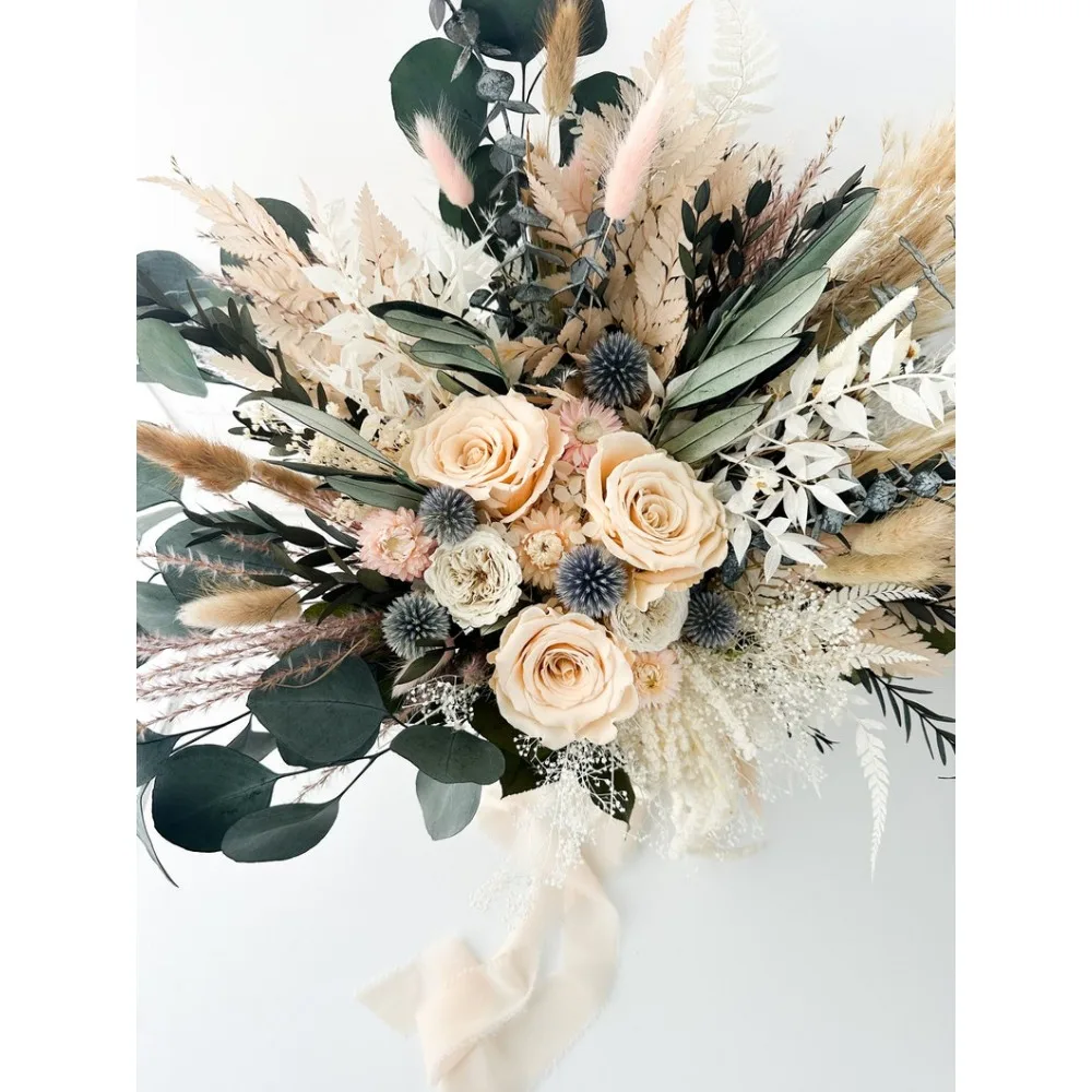 Dried Flowers,Blush Rose,Dusty Blue Greenery,Wedding Flowers,Bride and Bridesmaids Bouquets