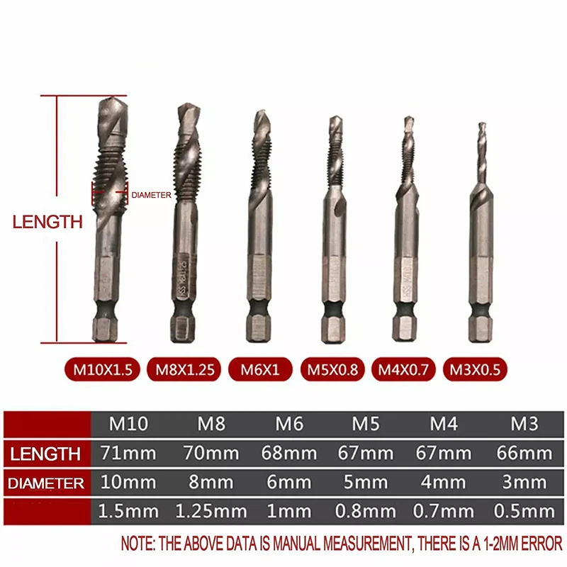 6Pcs Tap Drill Bit Set Hex Shank HSS Screw Thread Bit Machine Compound Tap Hand Tool M3 M4 M5 M6 M8 M10 Metric Thread Drill Bits