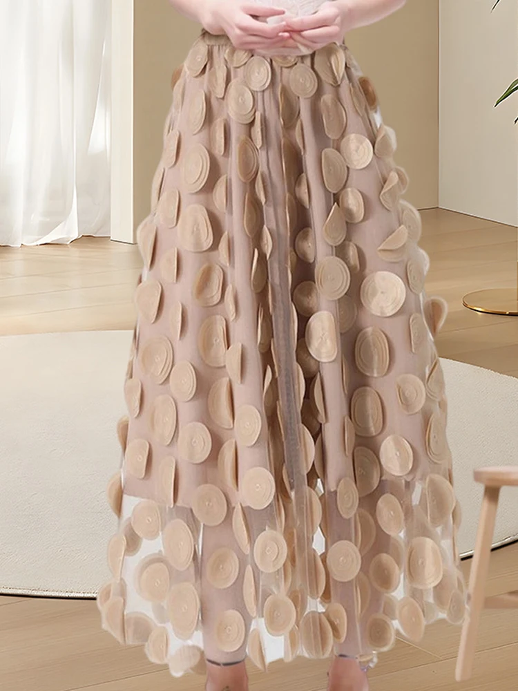 Yellow 3D Polka Dot Elegant Long Tulle Skirts Womens 2026 Summer Spring Fashion A-Line High Waisted Elastic Midi Mesh Skirt Tutu