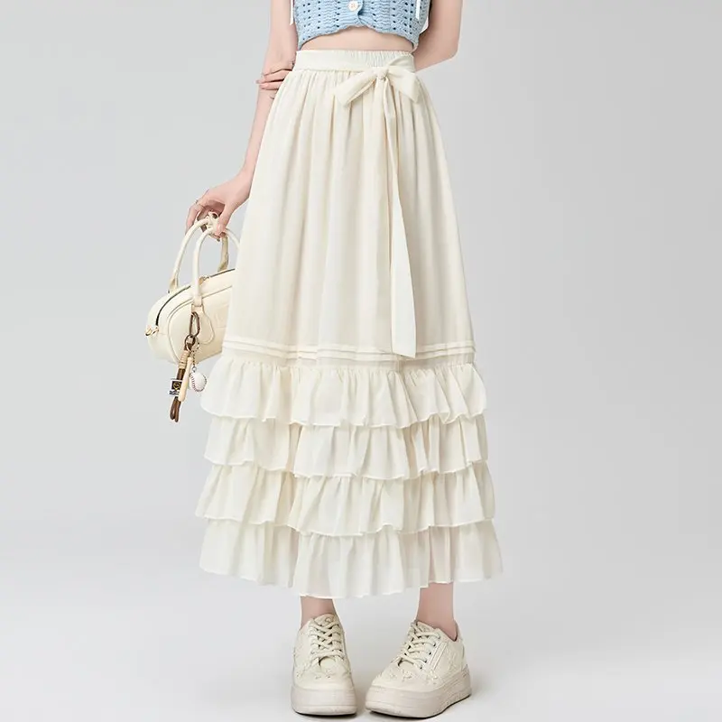 

2025 Summer Chiffon Lotus Leaf Wrapped Bow Cake Skirt Women's High Waisted Versatile Hanging Mid Length Skirt
