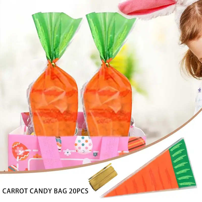 20pcs Carrot Shaped Goody Bags Easter Cellophane Gift Bags Clear Candy Treat Cone Bags with Twist Ties for Easter Party Favors