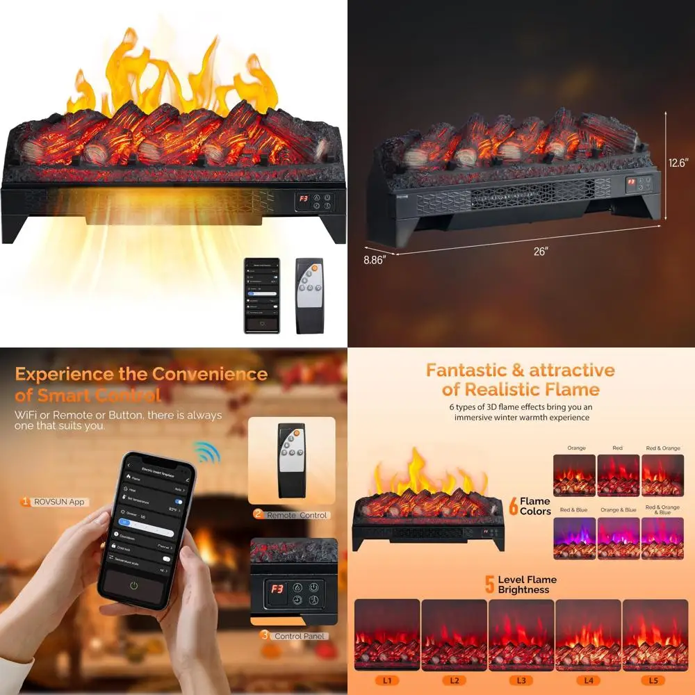 26 inserts de cheminée électrique avec télécommande, WiFi, faux bûches, minuterie, protection contre la surchauffe, flamme réglable
