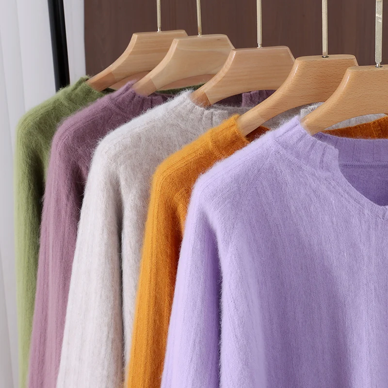 خريف/شتاء جديد المنك سترة الكشمير المعنقة الإناث الخامس الرقبة مع الصوف الصلب محبوك قاع قميص فضفاض