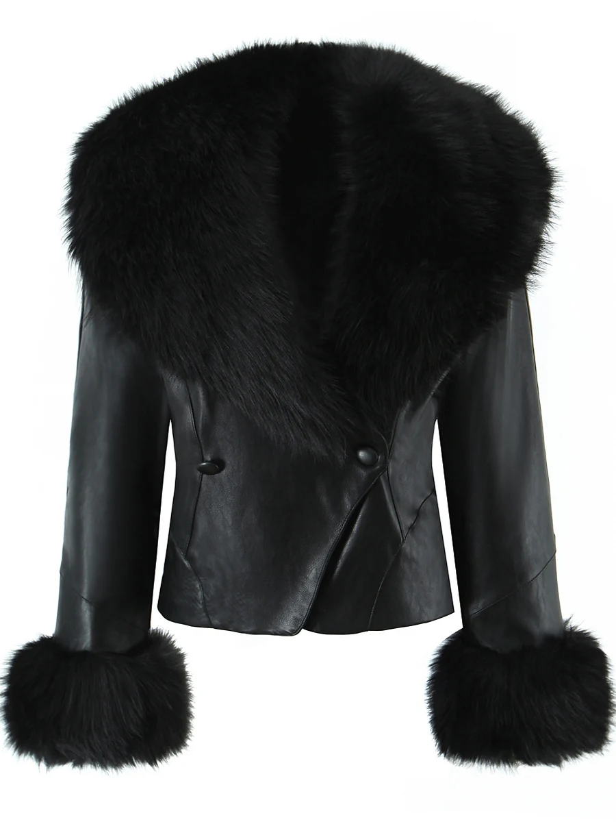 Faionable ort Bla Leather Jaet Damen-Sli, vielseitiger Mantel, winddicht, schlankmachend, großer Pelzkragen, europäischer Stil