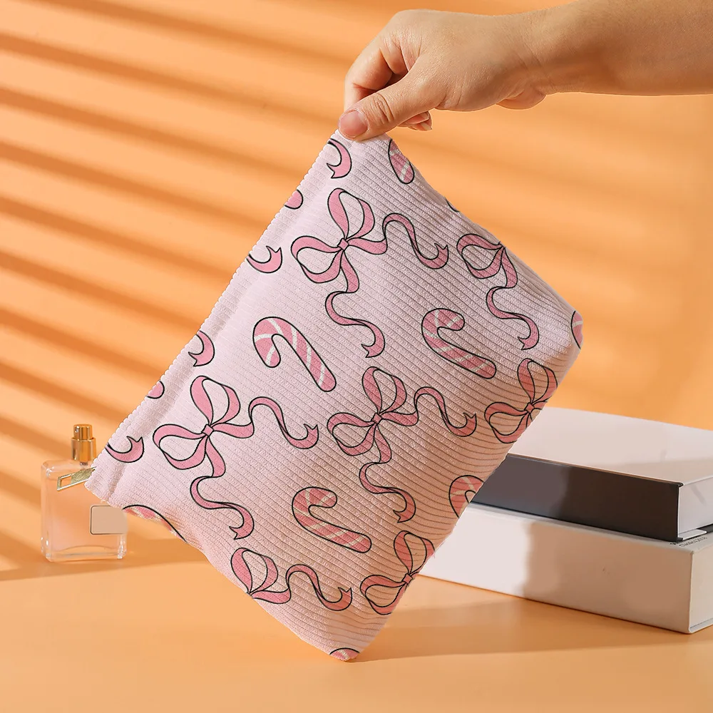 Candy Bow Ribbon Printed Polyester Soft Cosmetic Bag With Zipper, Lightweight Travel Toiletry With Lining Multi Purpose