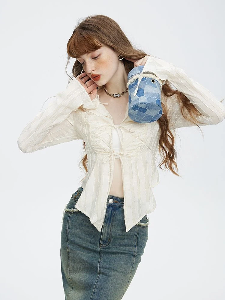 Jmprs Sexy Hollow Out Lace Up Shirt Women Korean Fashion Sweet Blouse Elegant Long Sleeve Slim Female Design Autumn Tops New