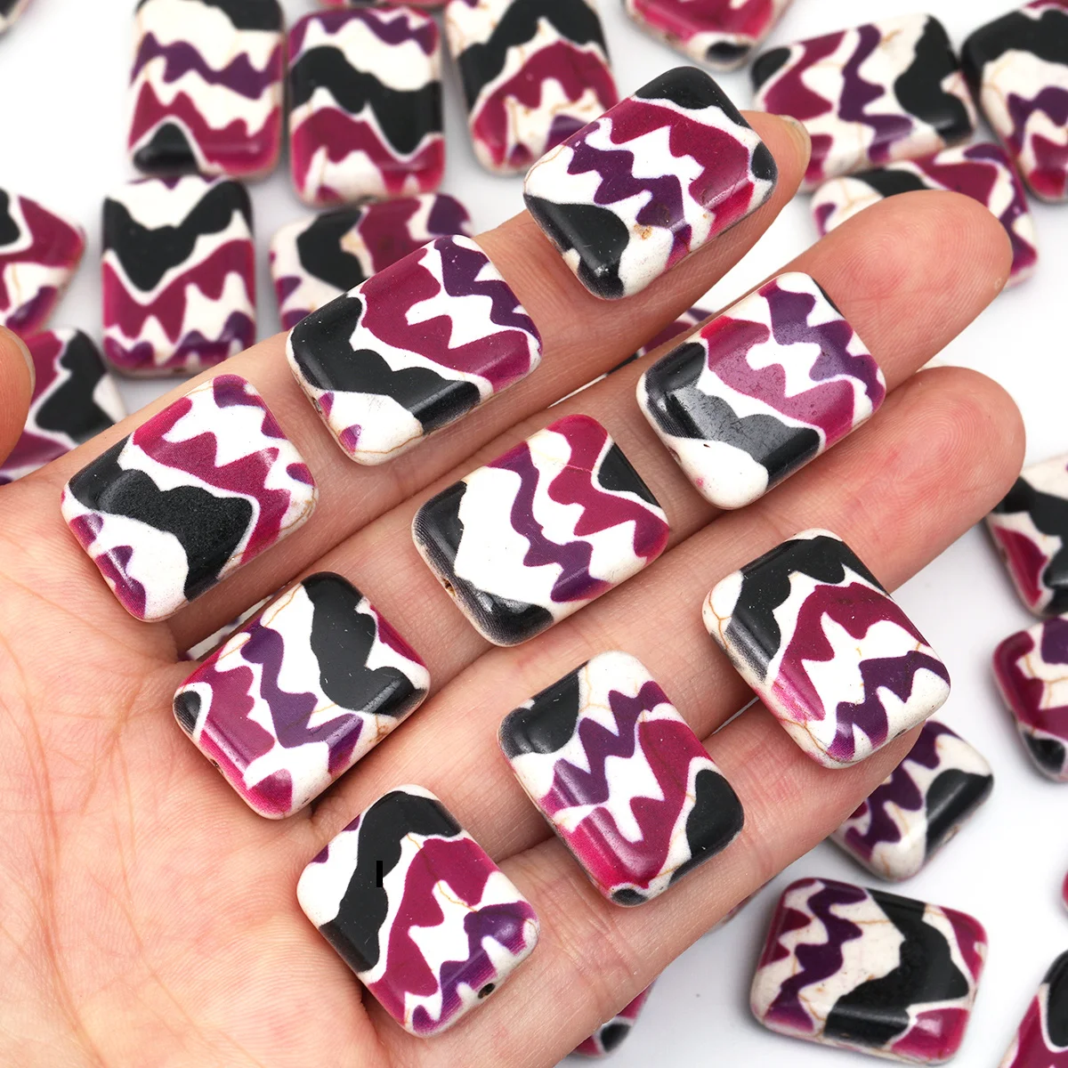 8pcs/16pcs Abstract Wave Print Glass Beads, 20mm Rectangle Loose Beads, Pink Purple Black Pattern Glass Spacer Beads