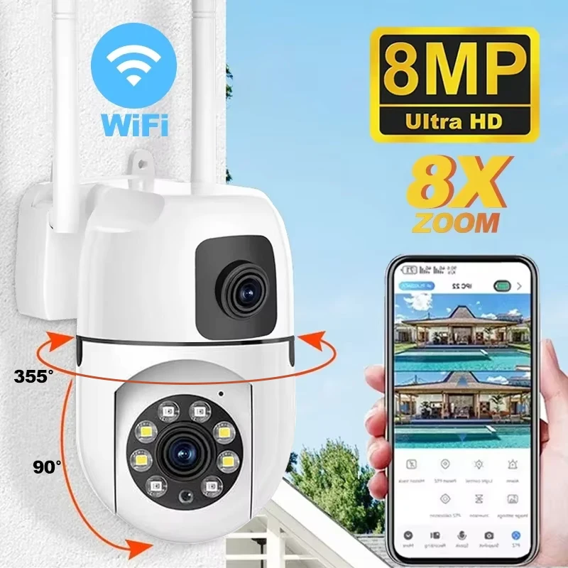 Dual Lens Dual Screen 8MP WIFI Camera Surveillance IP Cameras Wireless Outdoor Auto Tracking Night Vision 8X Digital Zoom CCTV