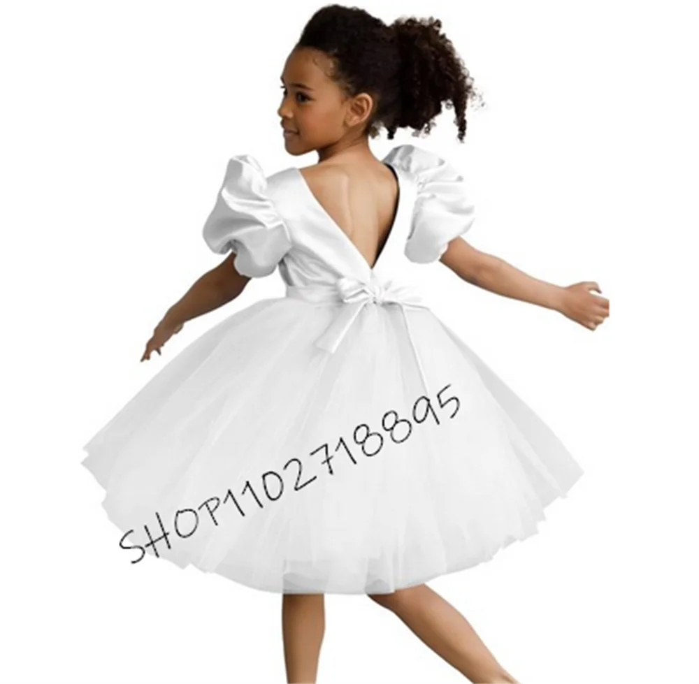 Puff Sleeve Flower Girl Dresses for Wedding Tutu Birthday Party Satin Tulle Pageant Prom Dress with BowKnot Girls Ball Gown