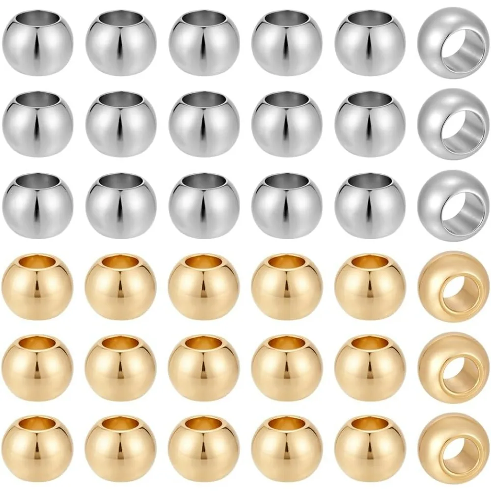 

80pcs 304 Stainless Steel Round Spacer Beads 2 Colors 6mm Large Hole Beads for Stackable Bracelets Earrings Necklaces Rings