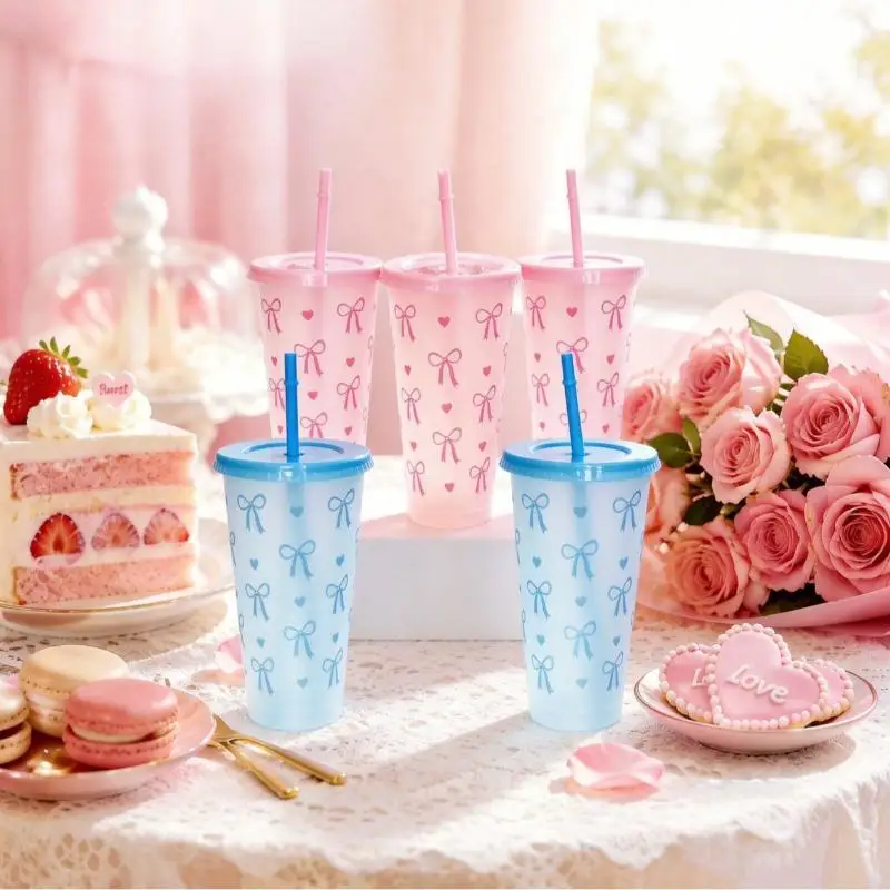 710ml/24OZ Cute Bowknot Plastic Straw Cup Leak‑Proof With Lid Reusable Cold Drink Coffee Water Cup Summer Drinking Supplies