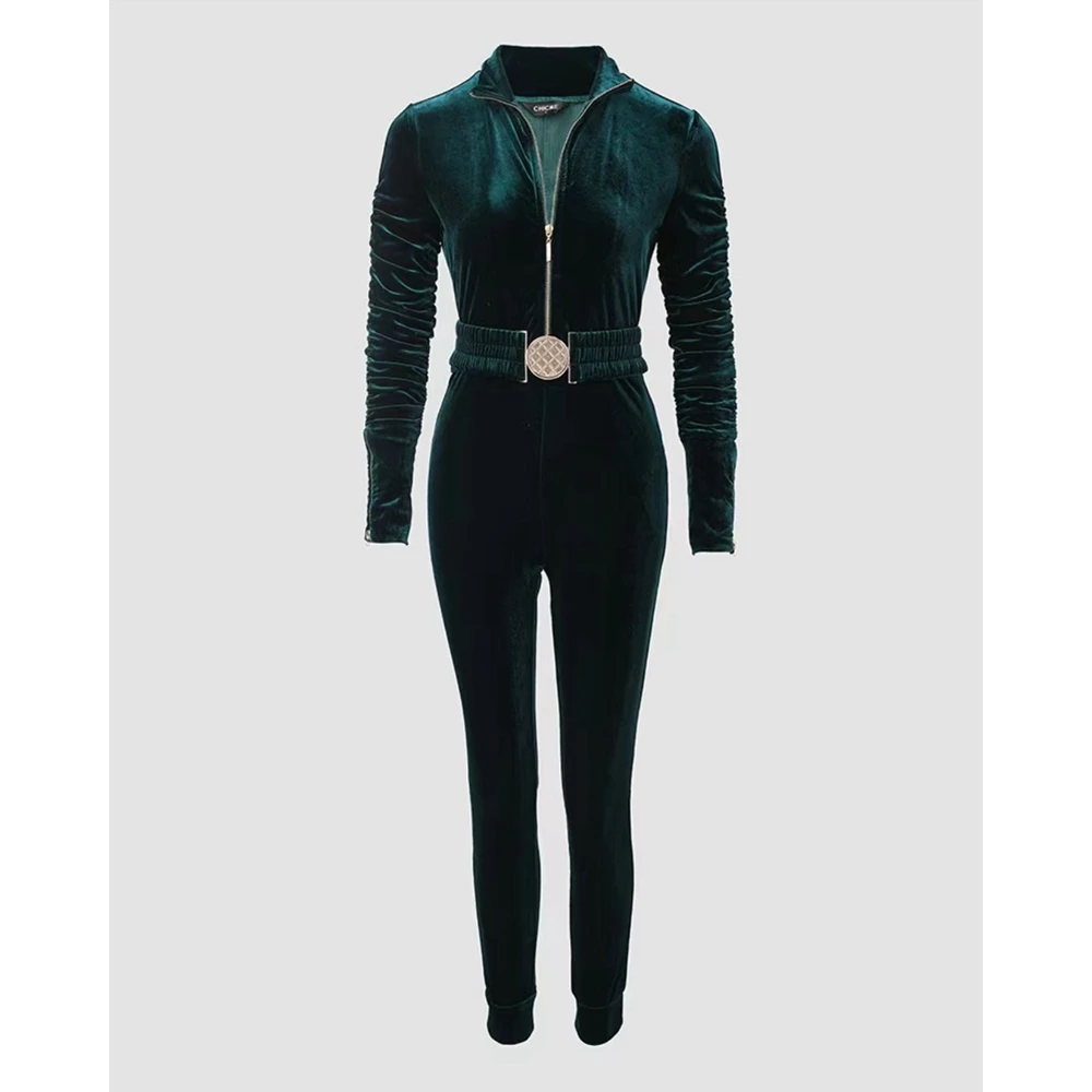 Autumn Fashion Femme Velvet Zipper Design Ruched Long Sleeve Jumpsuit With Elastic Waistbelt Women Solid Jumpsuts Robe