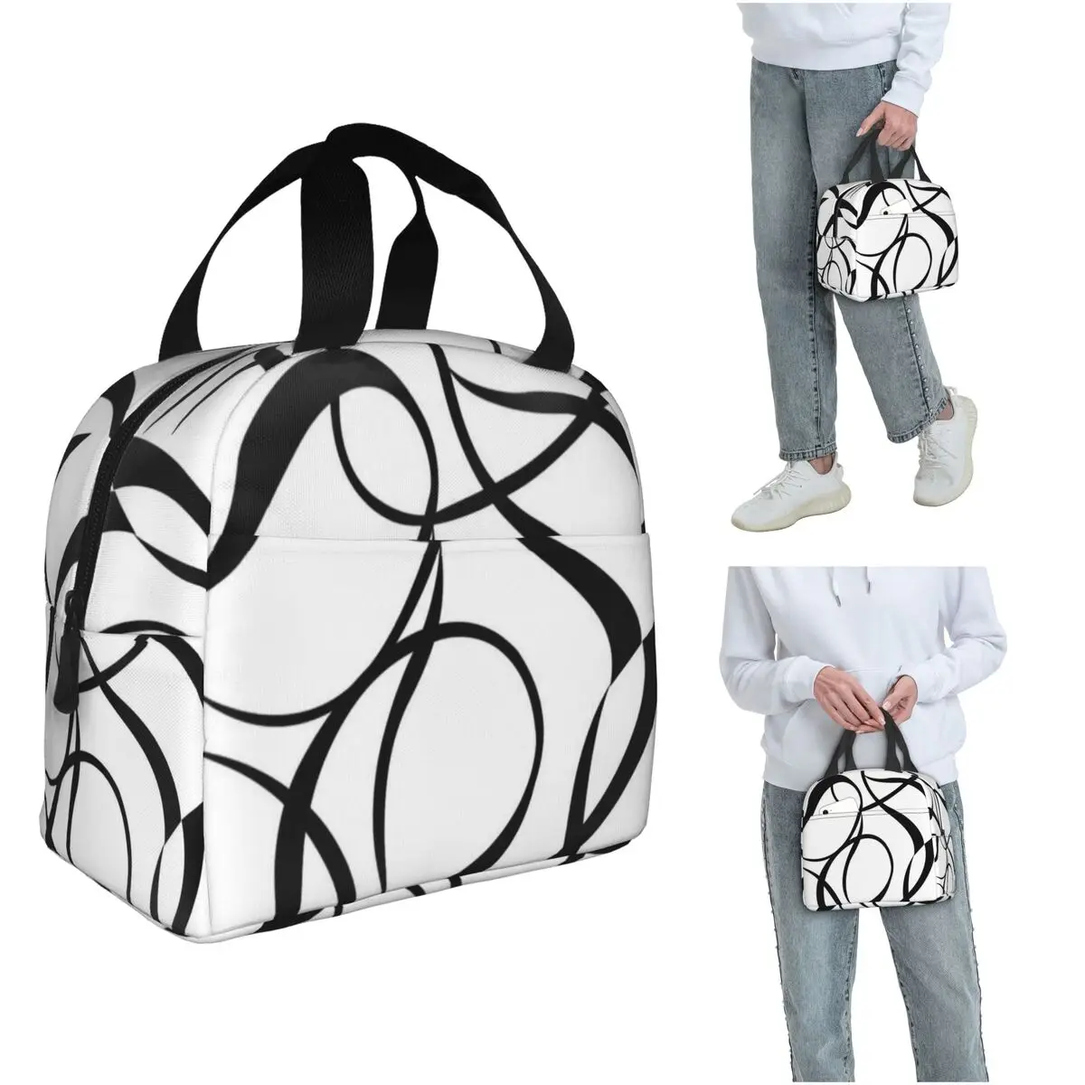 4 Pcs - 45cm 18In - Geometric Abstraction Line Insulated Lunch Bag for Women Children Portable Food Boxes Thermal Lunch Box Tote
